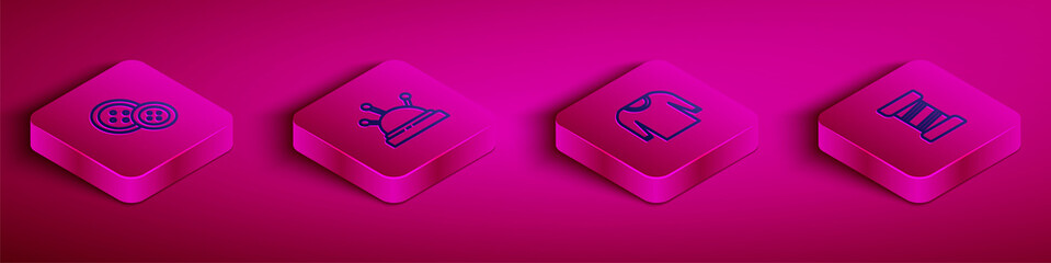 Set Isometric line Sewing button, Needle bed and needles, Sweater and thread icon. Vector