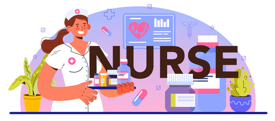 Naklejka premium Nurse typographic header. Medical assistant, hospital worker taking care