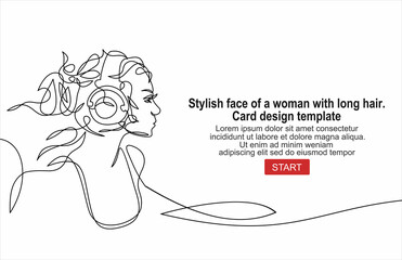 Stylish face of a woman with long hair. Card design template.Continuous line drawing of Portrait of a Beautiful Woman's face. 