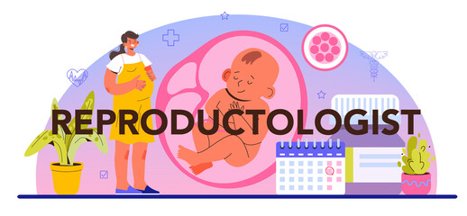 Reproductologist typographic header. Gynecologist doctor examining woman