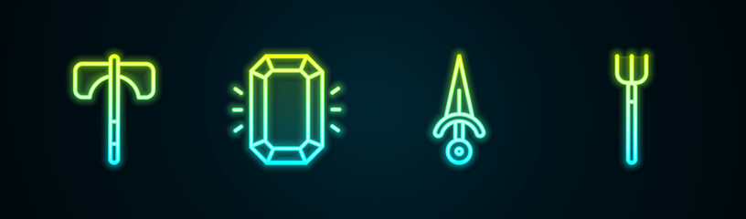 Set line Medieval axe, Diamond, Dagger and Garden pitchfork. Glowing neon icon. Vector