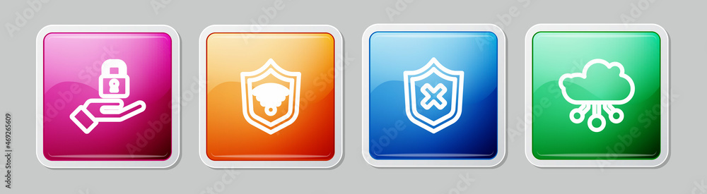 Poster set line lock in hand, shield with wifi wireless, cross mark and internet of things. colorful square