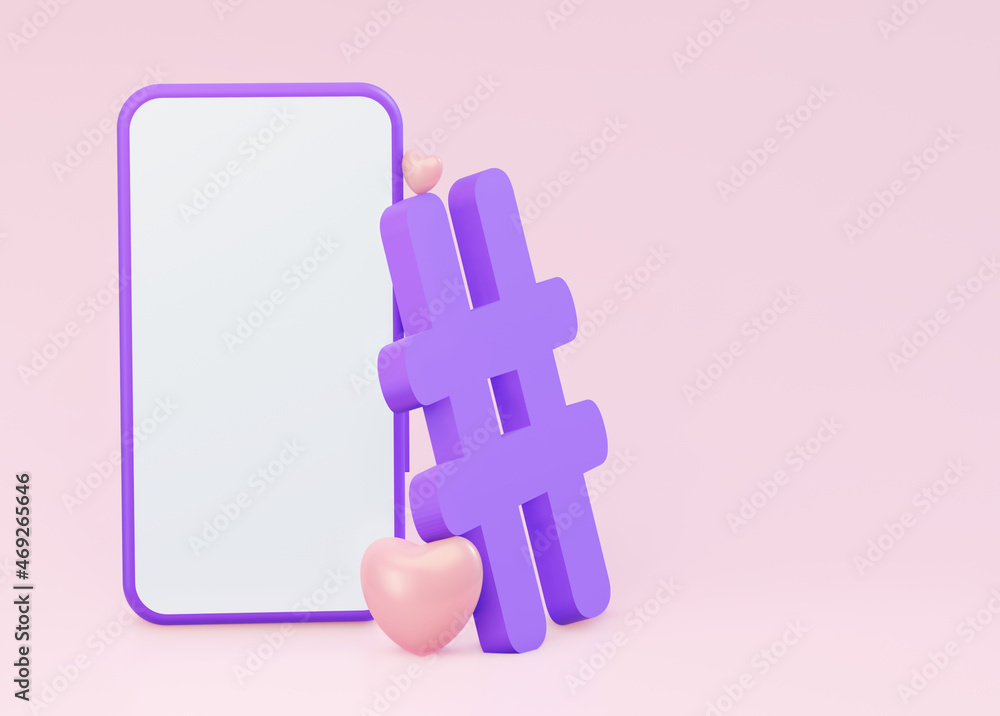 Aufkleber a mockup of the phone with a hashtag and a like sign. the concept of social networks. 3d rendering.