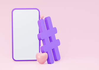 A mockup of the phone with a hashtag and a like sign. The concept of social networks. 3d rendering.