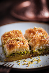 Turkish or Bosnian dessert called Baklava with pistachio served with traditional Turkish or Bosnian coffee set on a wooden board in moody atmosphere