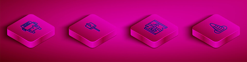 Set Isometric line Bus, Parking, Broken road and Traffic cone icon. Vector