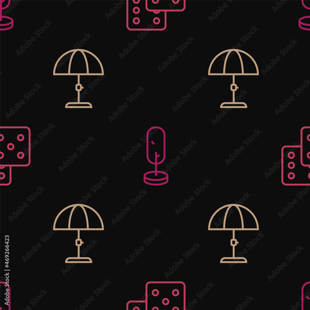 Poster set line game dice, sun protective umbrella and tree on seamless pattern. vector
