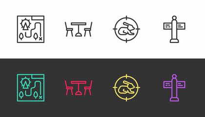 Set line Amusement park map, Picnic table with chairs, Hunt on rabbit crosshairs and Road traffic signpost on black and white. Vector