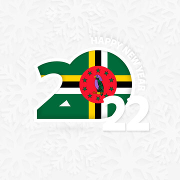 Happy New Year 2022 for Dominica on snowflake background.