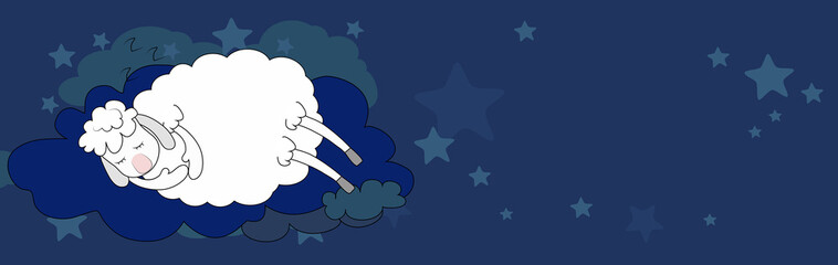Horizontal bannerlovely lamb sleeping sweetly on the clouds  and among the stars. World sleep day and the concept of good sleep, fairy dreams, dreams and magic.