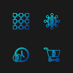 Set line Shopping cart with bitcoin, Bitcoin clock, Blockchain technology and . Gradient color icons. Vector