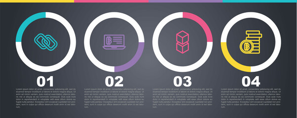 Set line Chain link, Mining bitcoin from laptop, Blockchain technology and Bitcoin. Business infographic template. Vector