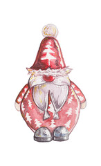 Watercolor drawing of christmas gnome isolated on white background