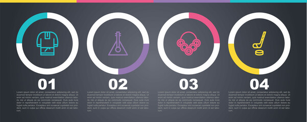 Set line Kosovorotka, Balalaika, Russian bagels and Ice hockey stick and puck. Business infographic template. Vector