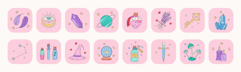 Cute mystic icon set. Hand drawn cartoon colorful magic element collection. Kawaii icons of feathers, stars, crystals, sword, candles, elixir, herbs, eye sign, esoteric and tarot vector stuff.