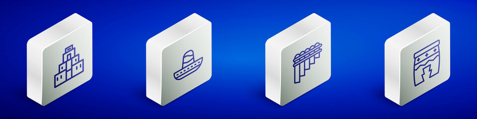 Set Isometric line Chichen Itza in Mayan, Mexican sombrero, Pan flute and Huehuetl icon. Vector