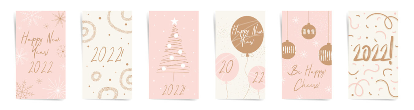 2022 Merry Christmas And Happy New Year Stories Design Template Set. Story Geometric Layout For Promo Greeting Card Design For Winter Holidays. Beige And Pink Elegant Cute Social Post Posters Set. 