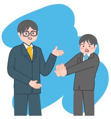 怪しい話をして誘っている男性とそれを拒否している男性