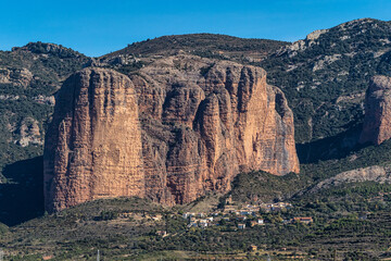 Panorama of Mallos De Riglos rocks in Huesca province, Aragon, Spain