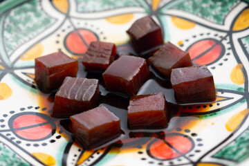 Premium red tuna marinated with soy. Traditional Japanese recipe.