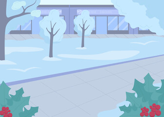 Winter city streets flat color vector illustration. Cold season in town district. Festive evening at Christmas time boulevard. Wintertime 2D cartoon landscape with trees under snow on background