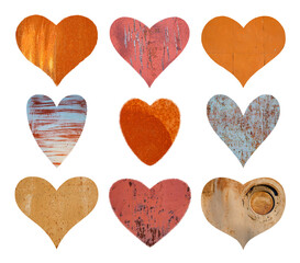 Set of nine hearts with textures. The collection includes: rusty metal and iron walls. Perfect for design.