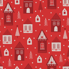 Christmas seamless pattern with houses, snow, spruce trees. Scandinavian style