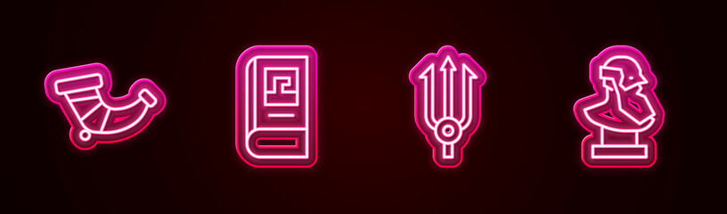 Set line Hunting horn, Greek history book, Neptune Trident and Ancient bust sculpture. Glowing neon icon. Vector