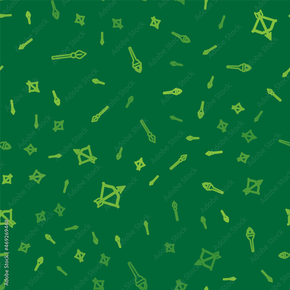 Poster set line medieval spear, bow and arrow and torch flame on seamless pattern. vector