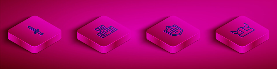 Set Isometric line Dagger, Castle, fortress, Shield and Viking in horned helmet icon. Vector