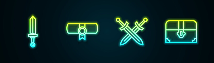 Set line Medieval sword, Decree, parchment, scroll, Crossed medieval and Antique treasure chest. Glowing neon icon. Vector