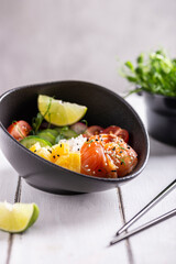 Buddha bowl, poke with salmon for dinner