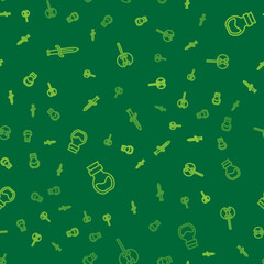 Set line Dagger, Poison in bottle and Medieval axe on seamless pattern. Vector