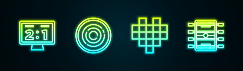 Set line Sport mechanical scoreboard, Checker game chips, Pixel hearts for and Hockey table. Glowing neon icon. Vector