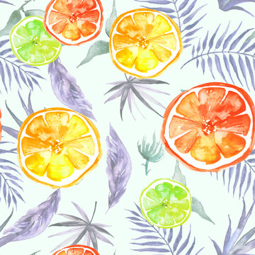 Watercolor painting, vintage seamless pattern - tropical fruits, citrus, slices of lemon, orange,  grapefruit. Tropical leaves. Palm leaf. pattern of lime, orange, citrus leaves.Fashion art Tropic