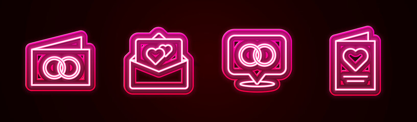 Obraz premium Set line Greeting card, , Wedding rings and . Glowing neon icon. Vector