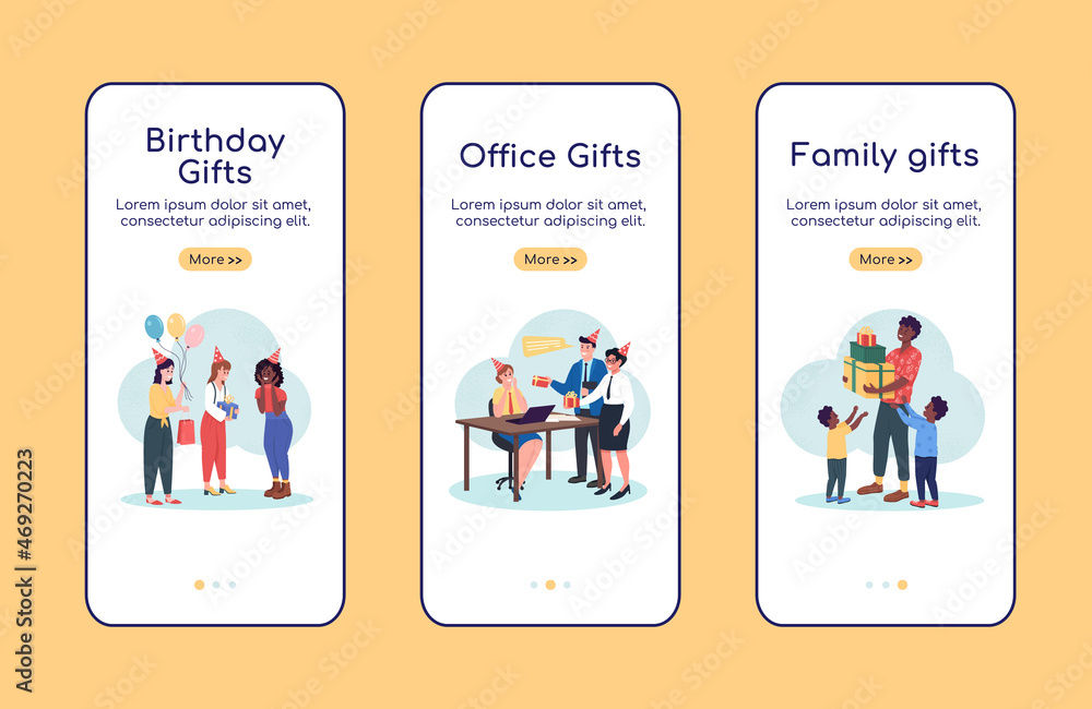 Poster gifts for any occasion onboarding mobile app screen flat vector template. walkthrough website 3 step