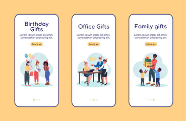 Gifts for any occasion onboarding mobile app screen flat vector template. Walkthrough website 3 steps with characters. Creative UX, UI, GUI smartphone cartoon interface, case prints set