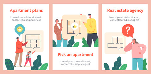Happy Family Choose Apartment Layout Cartoon Posters. Mother, Father and Kids Discuss New Home Plan with Rooms