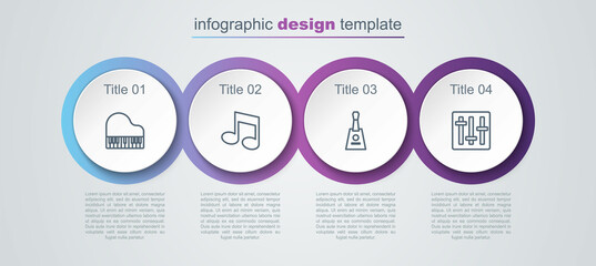 Set line Grand piano, Music note, tone, Balalaika and Sound mixer controller. Business infographic template. Vector