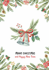 Watercolor vector Christmas card with a bell and fir branches.