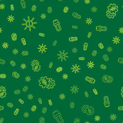 Set line Solar energy panel, Leaf plant in gear machine and LED light bulb on seamless pattern. Vector