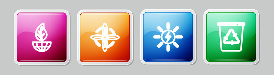 Set line Earth globe and leaf, Wind turbine, Solar energy panel and Recycle with recycle. Colorful square button. Vector