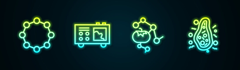 Set line Chemical formula, Spectrometer, Genetically modified food and Bacteria. Glowing neon icon. Vector