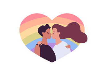 Love, date and relationship concept. Vector flat people illustration. Lgbt pride. Couple of female lesbian lover on rainbow heart shape background isolated on white. Design for valentine day.