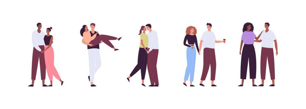 Love, date and relationship concept. Vector flat people character illustration set. Collection of full length man and woman in romantic pose and friends. Design for valentine day, anniversary.