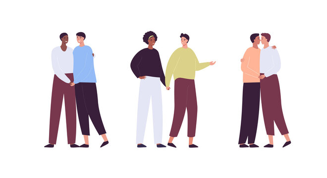 Love, date and relationship concept. Vector flat people character illustration set. LGBT pride. Collection of full length gay men in romantic and friend pose. Design for valentine day.