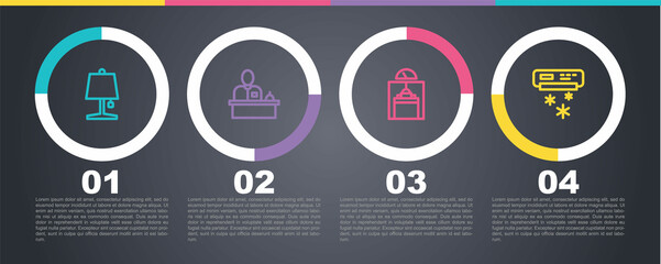 Set line Table lamp, Hotel reception desk, Lift and Air conditioner. Business infographic template. Vector