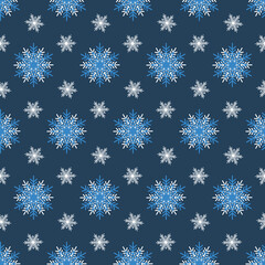 Snowy Christmas seamless pattern on a dark background, blue white crystal snowflake