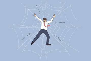 Anxious businessman trapped in spider web. Worried unhappy employee caught in debt burden. Risk business concept. Dangerous project. Flat vector illustration, cartoon character. 